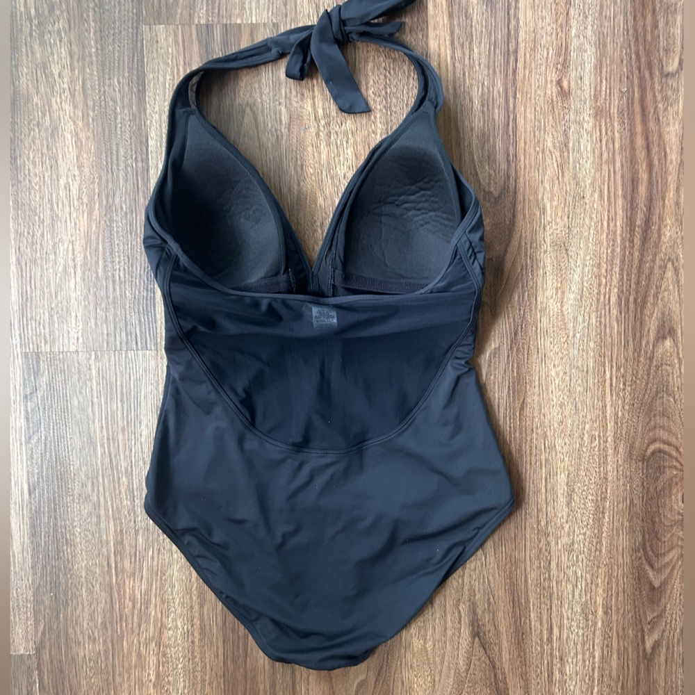 TOMMY BAHAMA Black Plunge Neck Halter Mesh Trim One Piece Swimsuit Minimalist 12 - Picture 5 of 8